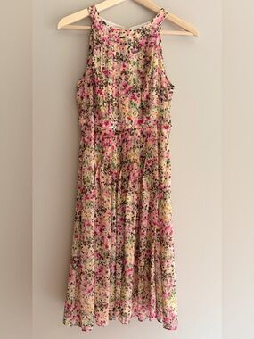 Adrianna Papell Pink Floral Pleated Midi Dress